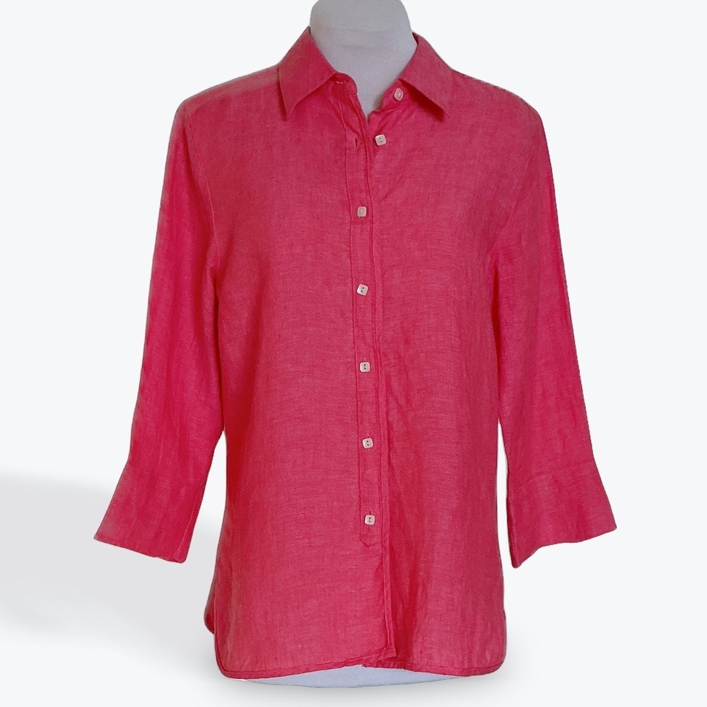 Talbots Irish Linen Shirt Womens 6 Coral Pink Button Down 3/4 Sleeve‎ Summer